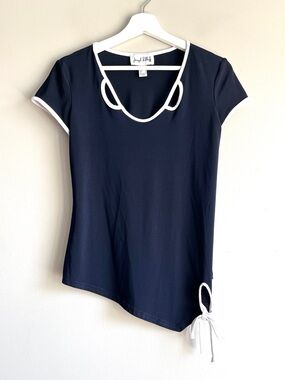 Joseph Ribkoff asymmetrical top 4 navy blue trim shirt side tie cutout neck